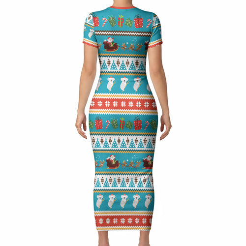 Australia Christmas Short Sleeve Bodycon Dress Xmas Beach Vibes Teal