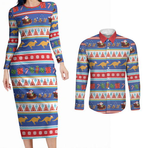 Australia Christmas Couples Matching Long Sleeve Bodycon Dress and Long Sleeve Button Shirt Xmas Beach Vibes Navy