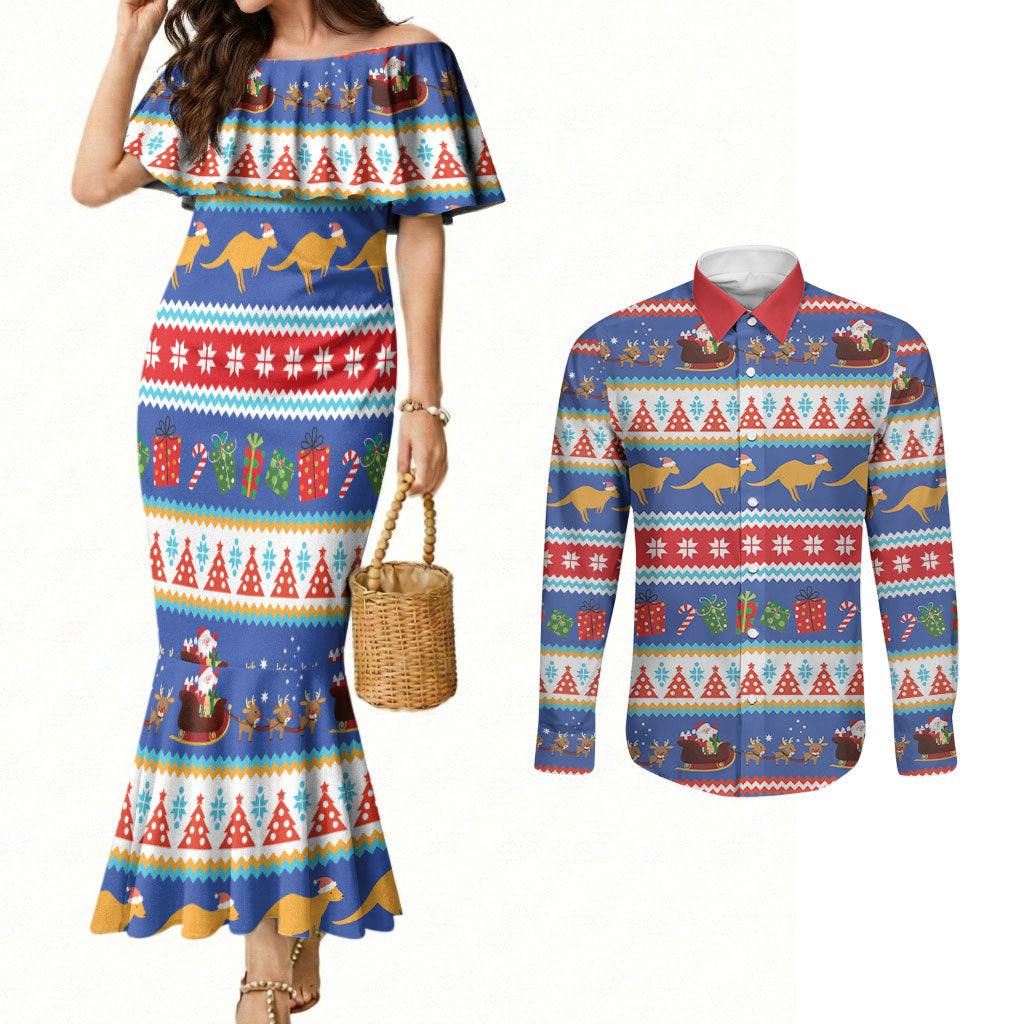 Australia Christmas Couples Matching Mermaid Dress and Long Sleeve Button Shirt Xmas Beach Vibes Navy