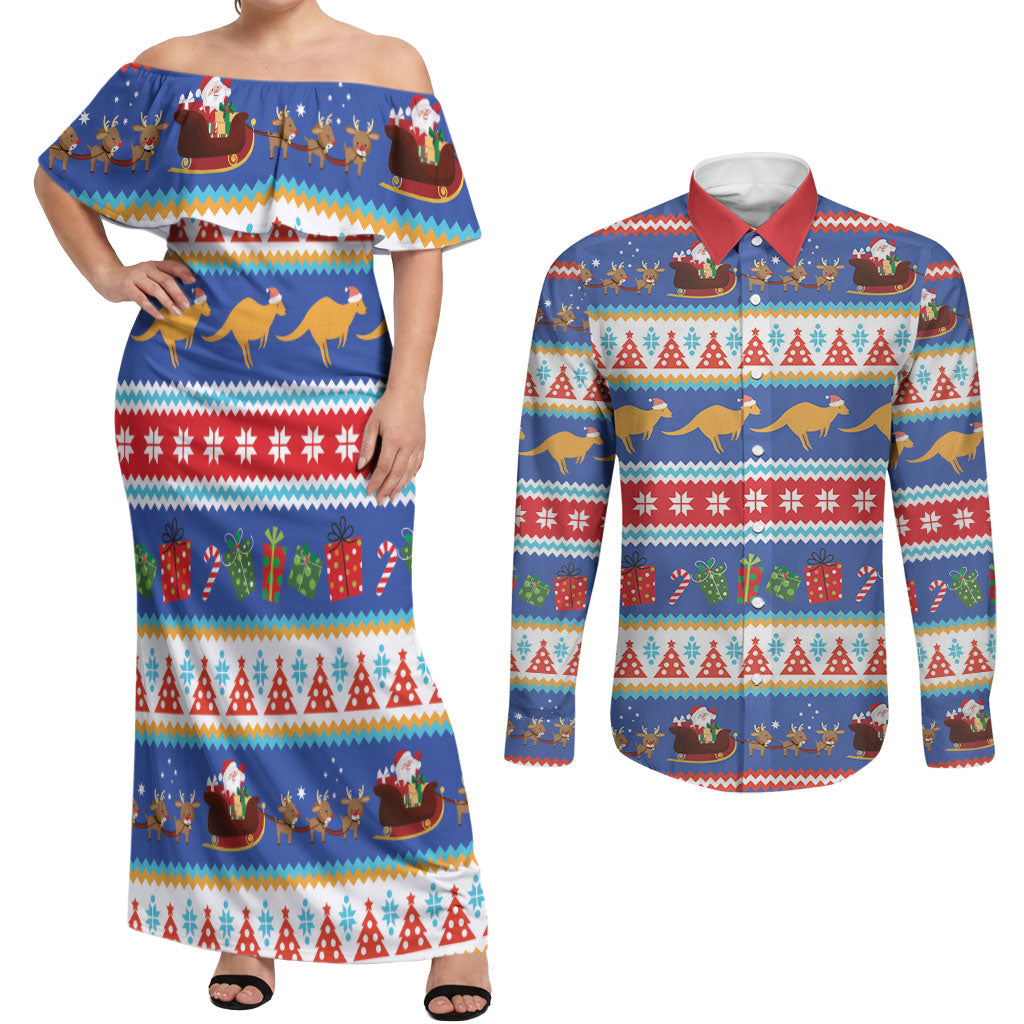 Australia Christmas Couples Matching Off Shoulder Maxi Dress and Long Sleeve Button Shirt Xmas Beach Vibes Navy