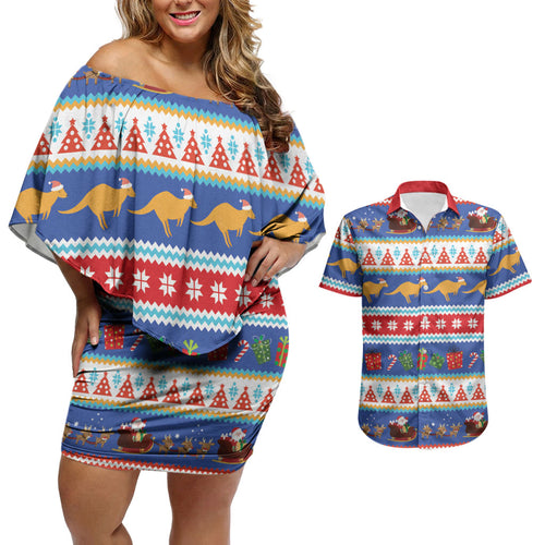 Australia Christmas Couples Matching Off Shoulder Short Dress and Hawaiian Shirt Xmas Beach Vibes Navy