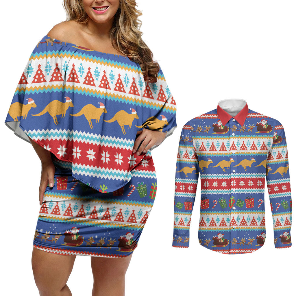 Australia Christmas Couples Matching Off Shoulder Short Dress and Long Sleeve Button Shirt Xmas Beach Vibes Navy