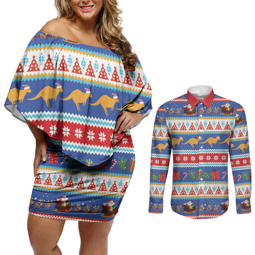 Australia Christmas Couples Matching Off Shoulder Short Dress and Long Sleeve Button Shirt Xmas Beach Vibes Navy