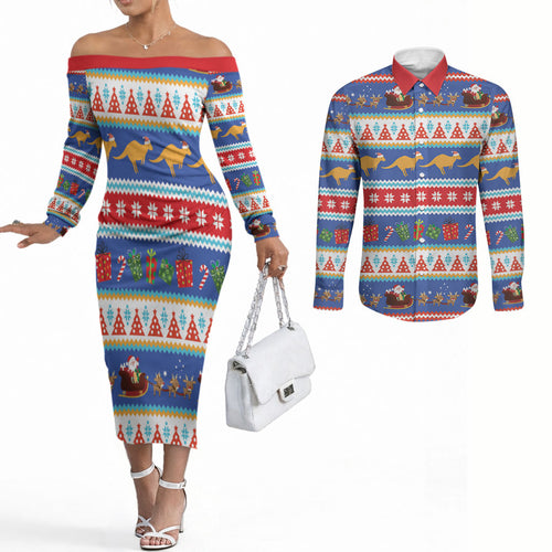 Australia Christmas Couples Matching Off The Shoulder Long Sleeve Dress and Long Sleeve Button Shirt Xmas Beach Vibes Navy