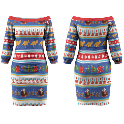 Australia Christmas Couples Matching Off The Shoulder Long Sleeve Dress and Long Sleeve Button Shirt Xmas Beach Vibes Navy