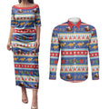 Australia Christmas Couples Matching Puletasi and Long Sleeve Button Shirt Xmas Beach Vibes Navy