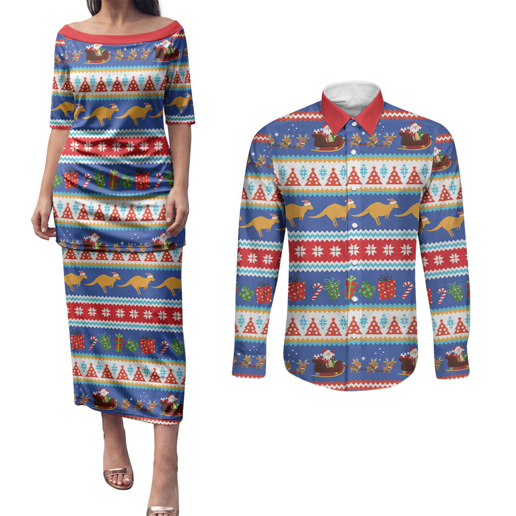 Australia Christmas Couples Matching Puletasi and Long Sleeve Button Shirt Xmas Beach Vibes Navy