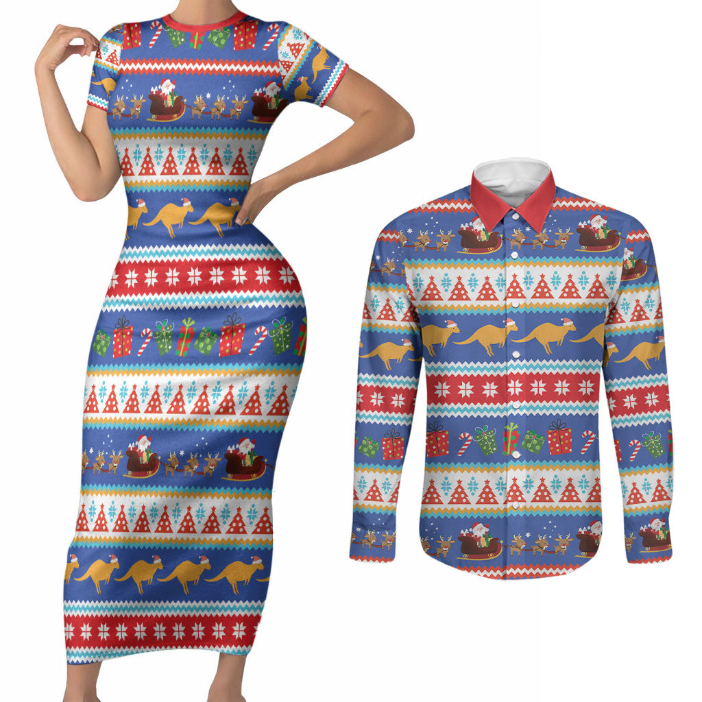 Australia Christmas Couples Matching Short Sleeve Bodycon Dress and Long Sleeve Button Shirt Xmas Beach Vibes Navy