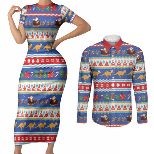Australia Christmas Couples Matching Short Sleeve Bodycon Dress and Long Sleeve Button Shirt Xmas Beach Vibes Navy
