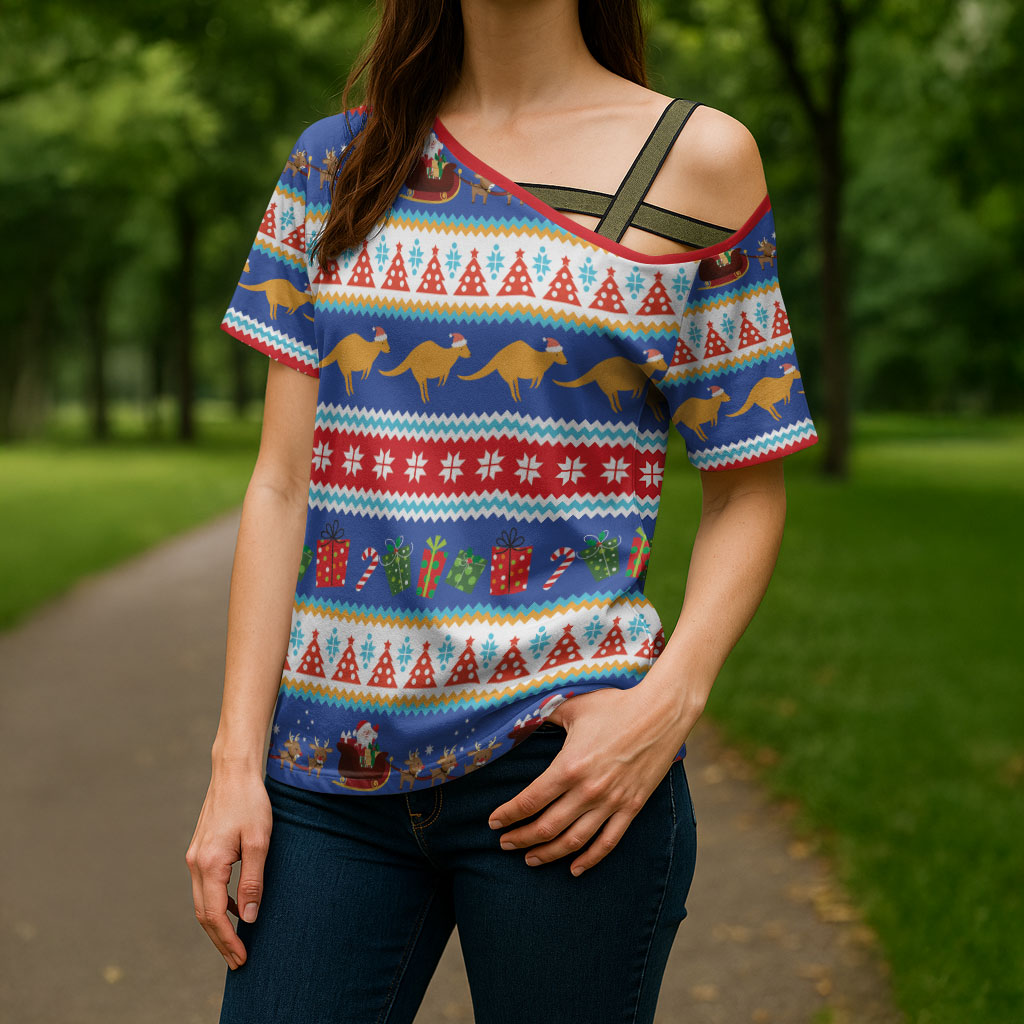 Australia Christmas Cross Shoulder Shirt Xmas Beach Vibes Navy