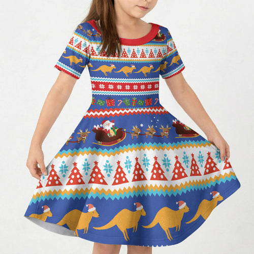 Australia Christmas Kid Short Sleeve Dress Xmas Beach Vibes Navy