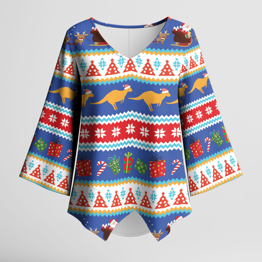 Australia Christmas Kimono Sleeve Blouse Xmas Beach Vibes Navy