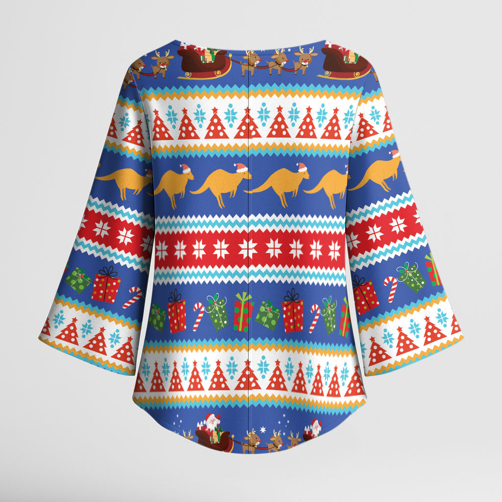 Australia Christmas Kimono Sleeve Blouse Xmas Beach Vibes Navy