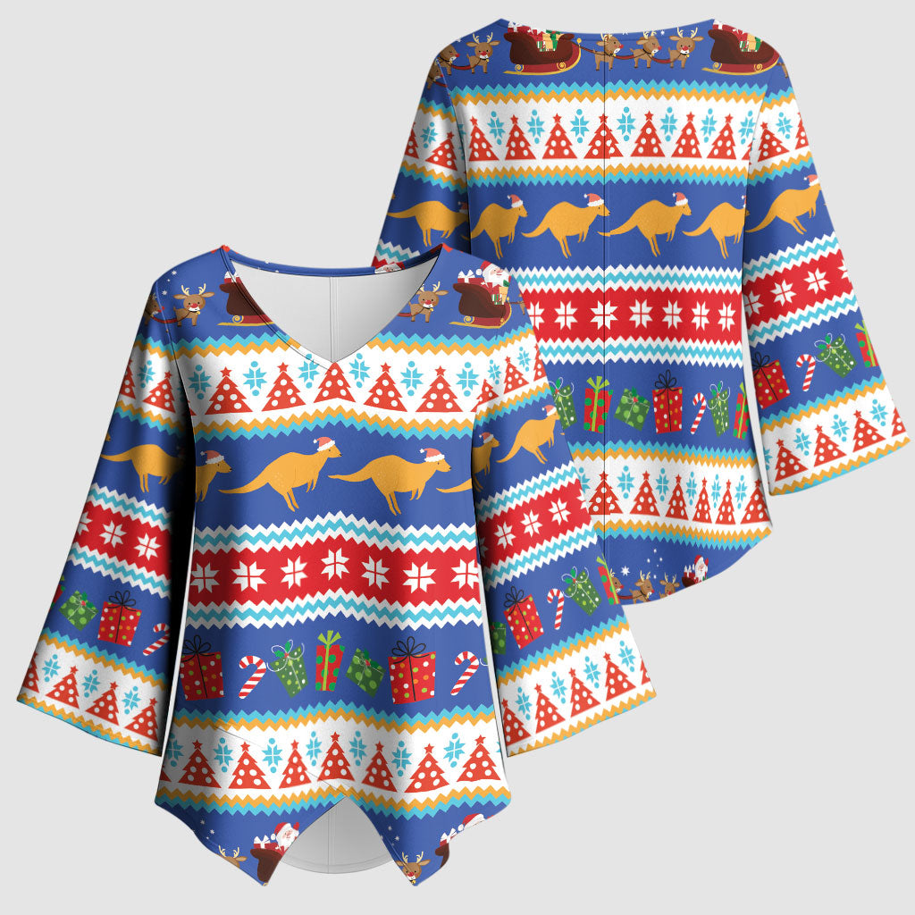 Australia Christmas Kimono Sleeve Blouse Xmas Beach Vibes Navy