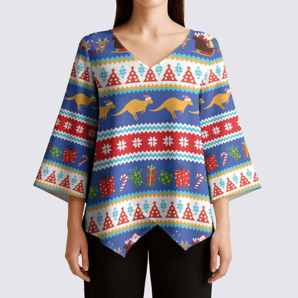 Australia Christmas Kimono Sleeve Blouse Xmas Beach Vibes Navy