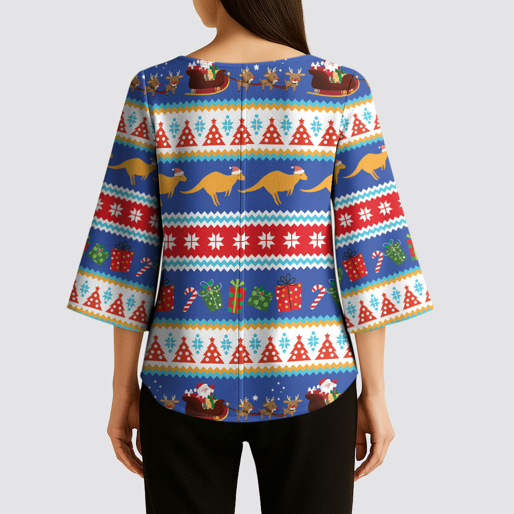 Australia Christmas Kimono Sleeve Blouse Xmas Beach Vibes Navy