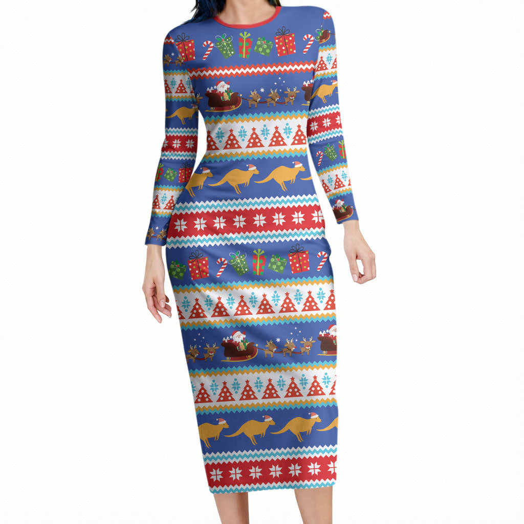 Australia Christmas Long Sleeve Bodycon Dress Xmas Beach Vibes Navy