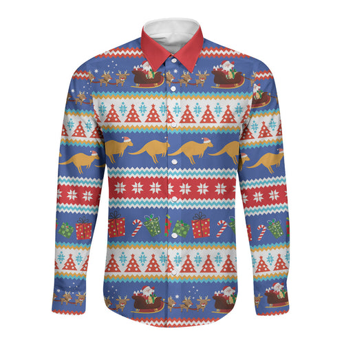 Australia Christmas Long Sleeve Button Shirt Xmas Beach Vibes Navy