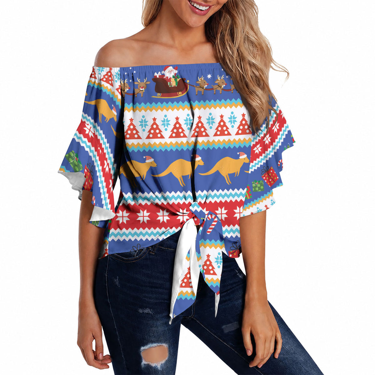 Australia Christmas Off Shoulder Wrap Waist Top Xmas Beach Vibes Navy