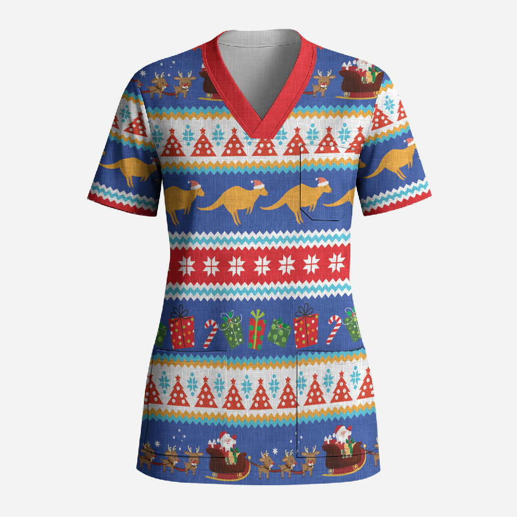 Australia Christmas Scrub Top Xmas Beach Vibes Navy
