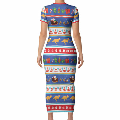 Australia Christmas Short Sleeve Bodycon Dress Xmas Beach Vibes Navy
