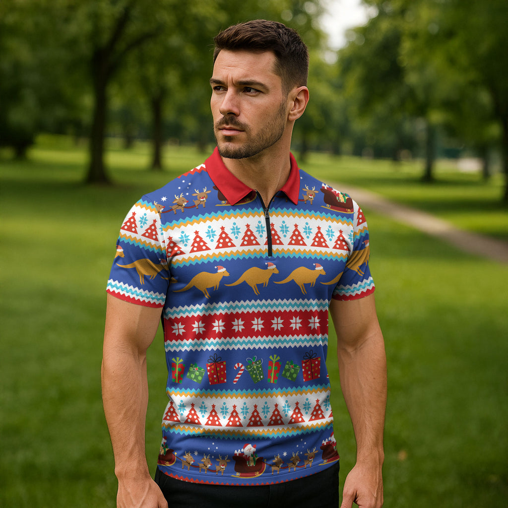 Australia Christmas Zipper Polo Shirt Xmas Beach Vibes Navy