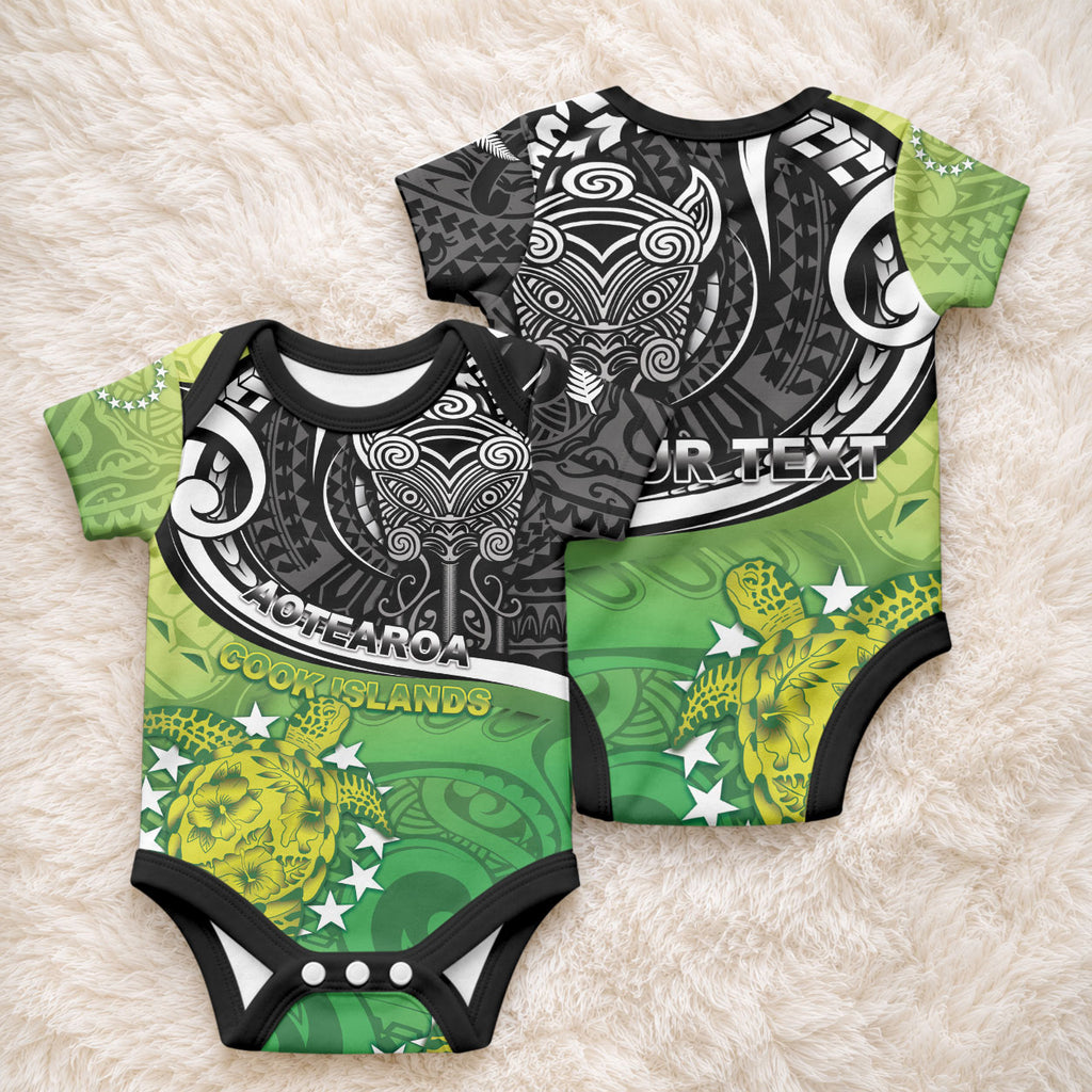 Personalised New Zealand Cook Islands Baby Onesie Maori Tiki With Circle Stars Turtle
