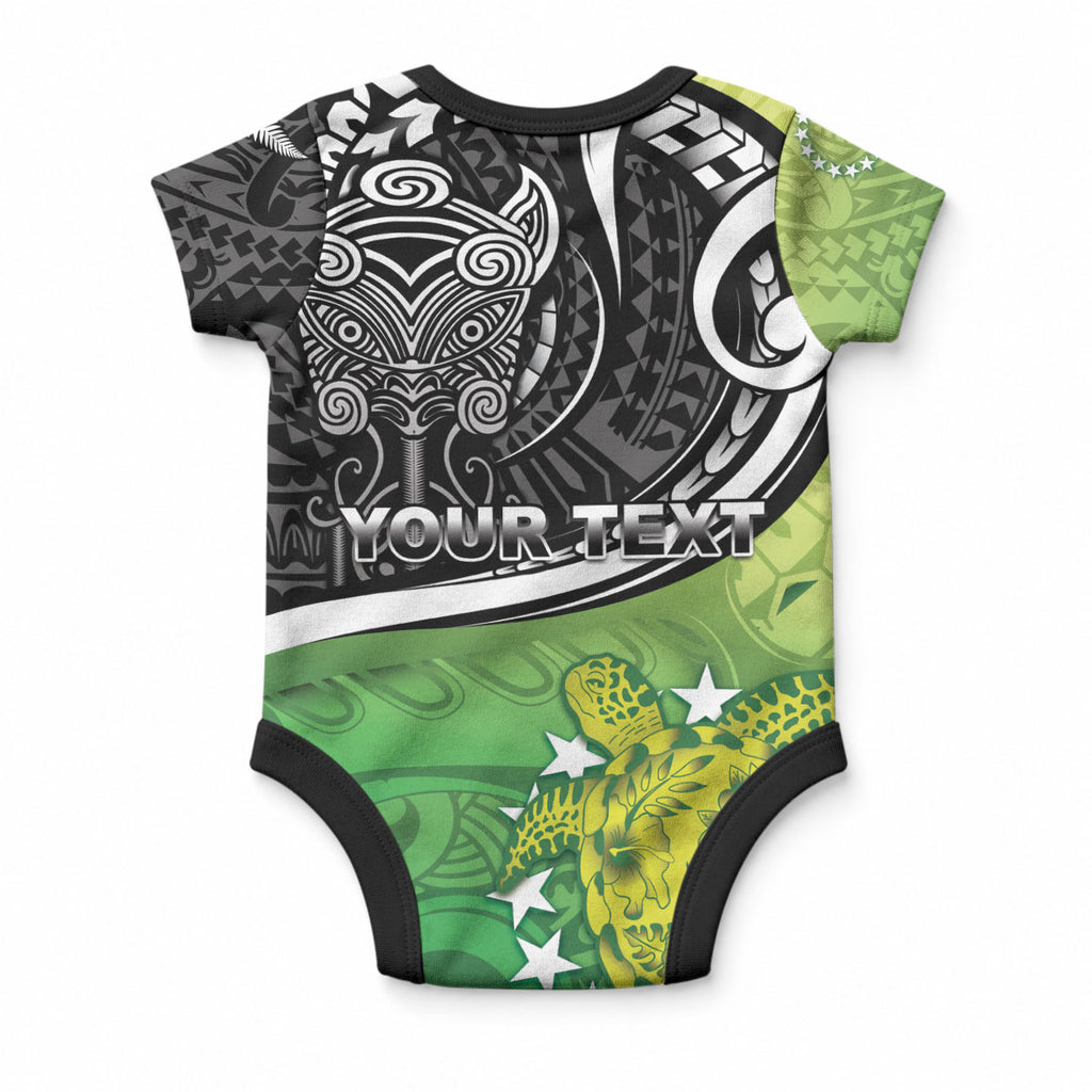 Personalised New Zealand Cook Islands Baby Onesie Maori Tiki With Circle Stars Turtle