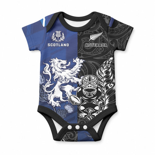New Zealand And Scotland Rugby Custom Baby Onesie Maori Tiki With Thistle Together
