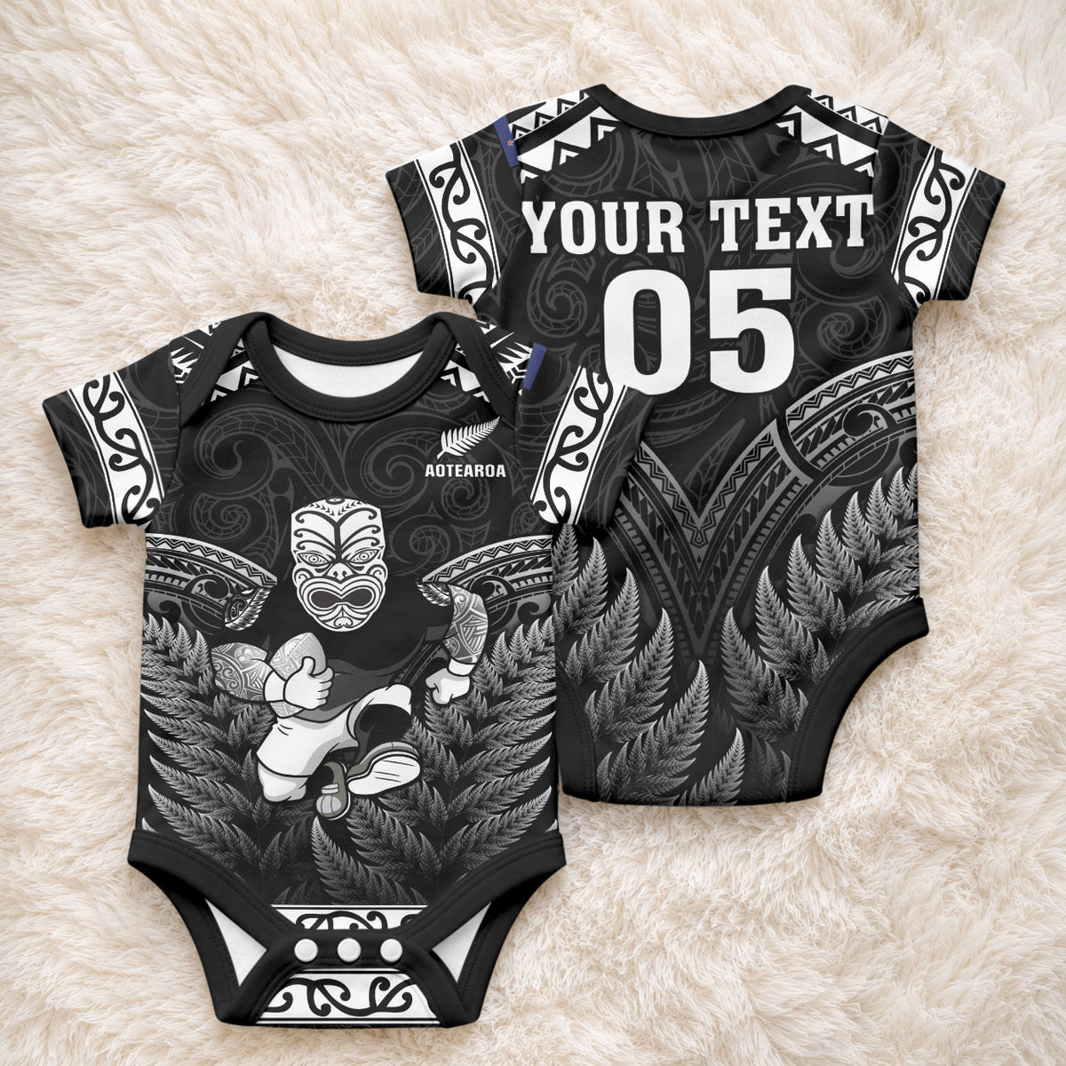 Custom New Zealand Maori Tiki Rugby Baby Onesie Go Aotearoa Maori Pattern