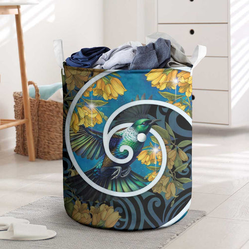New Zealand Tui Bird Laundry Basket Maori Koru With Kowhai Flowers