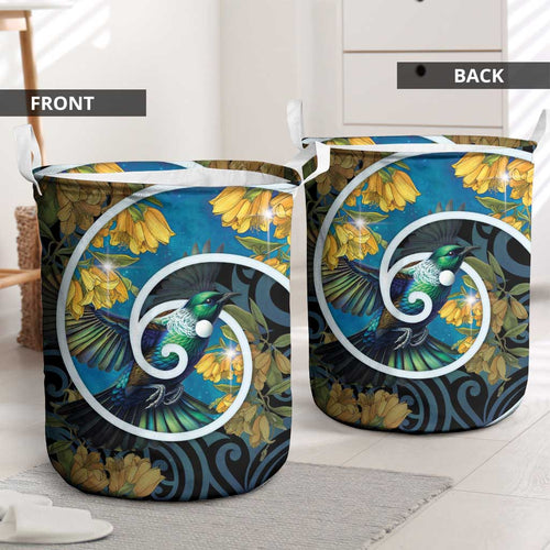 New Zealand Tui Bird Laundry Basket Maori Koru With Kowhai Flowers