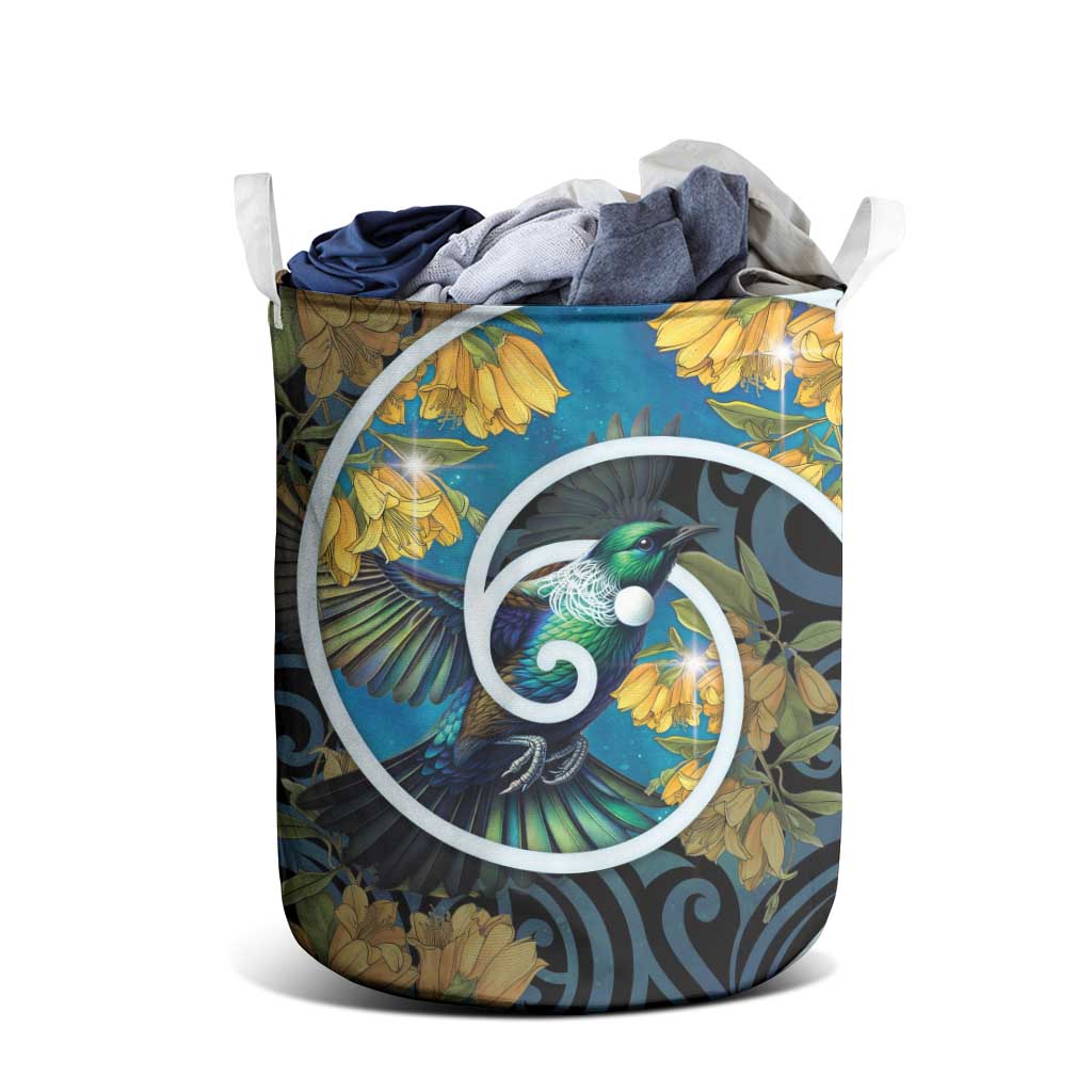 New Zealand Tui Bird Laundry Basket Maori Koru With Kowhai Flowers