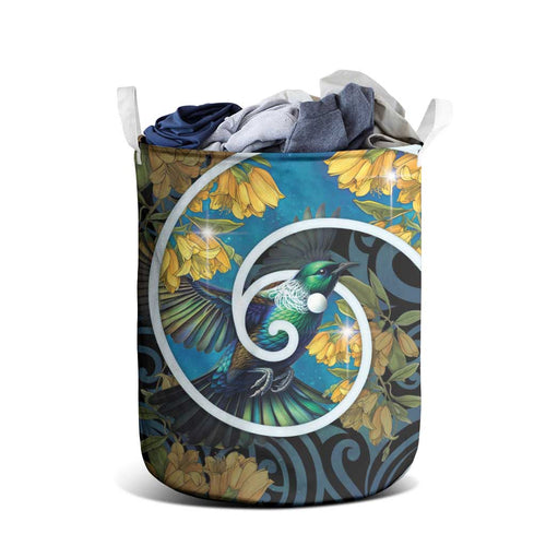 New Zealand Tui Bird Laundry Basket Maori Koru With Kowhai Flowers