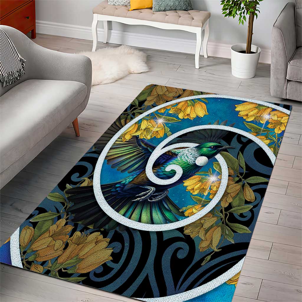 New Zealand Tui Bird Area Rug Maori Koru With Kowhai Flowers