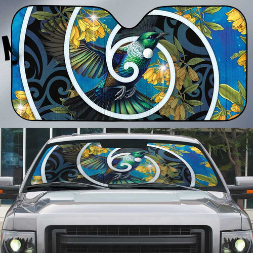 New Zealand Tui Bird Auto Sun Shade Maori Koru With Kowhai Flowers