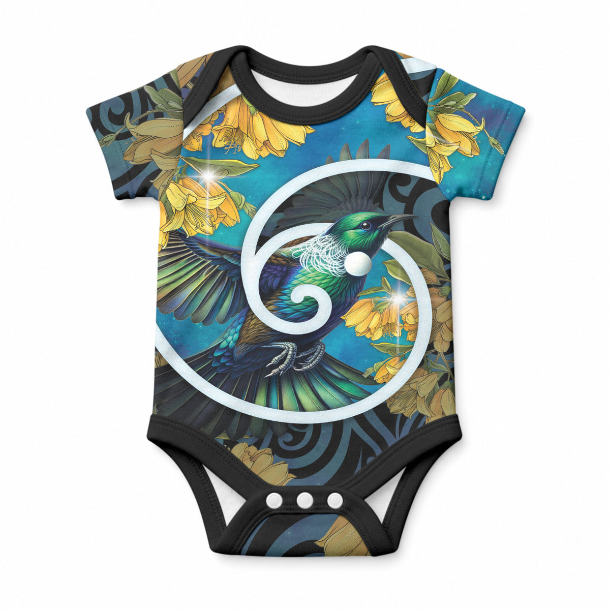 New Zealand Tui Bird Baby Onesie Maori Koru With Kowhai Flowers