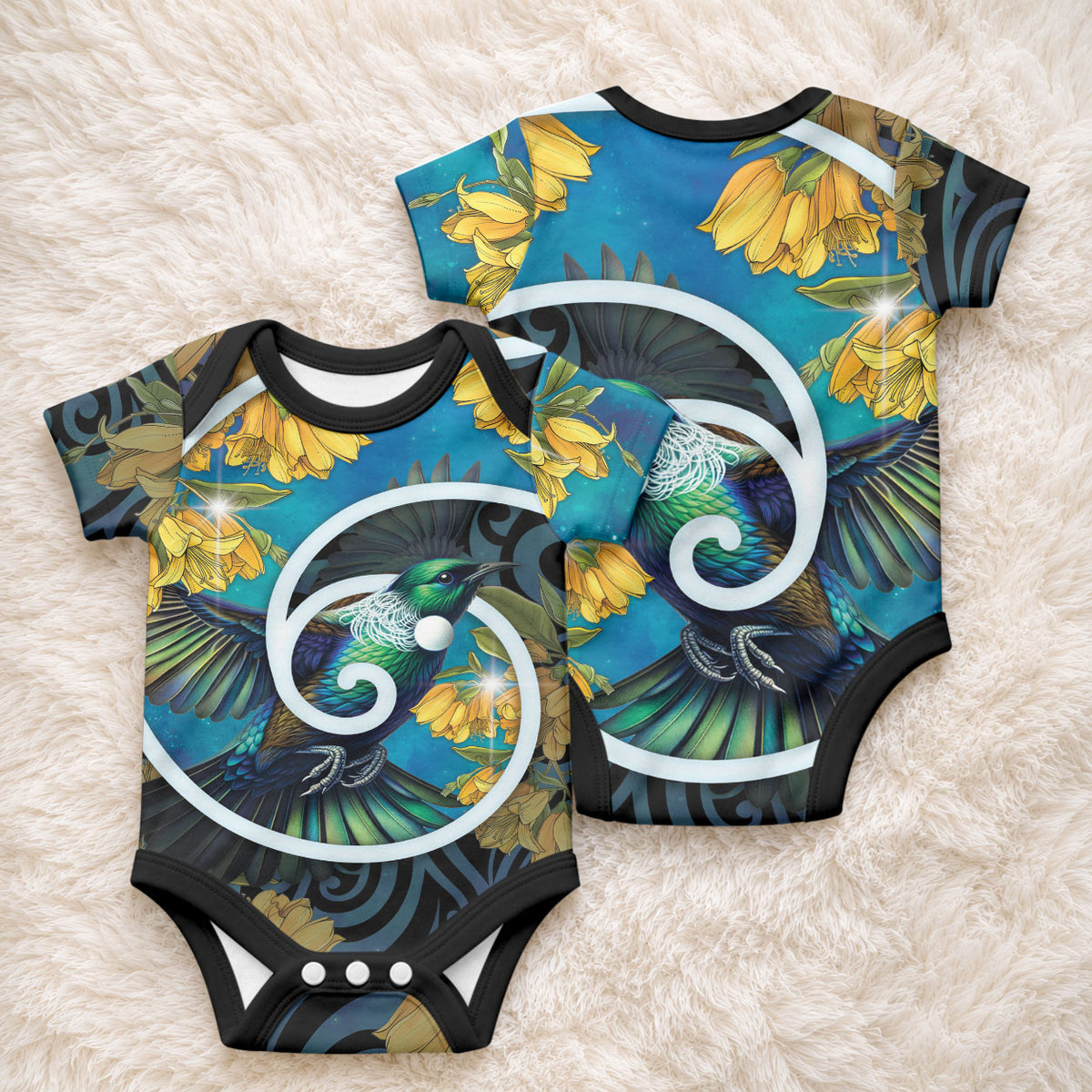 New Zealand Tui Bird Baby Onesie Maori Koru With Kowhai Flowers