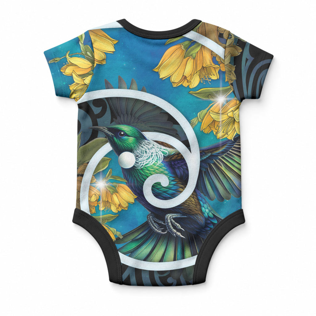 New Zealand Tui Bird Baby Onesie Maori Koru With Kowhai Flowers