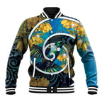 New Zealand Tui Bird Baseball Jacket Maori Koru With Kowhai Flowers