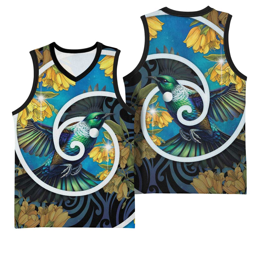 New Zealand Tui Bird Basketball Jersey Maori Koru With Kowhai Flowers