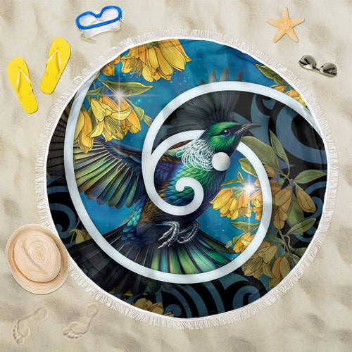 New Zealand Tui Bird Beach Blanket Maori Koru With Kowhai Flowers