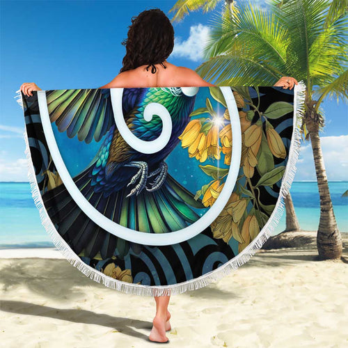 New Zealand Tui Bird Beach Blanket Maori Koru With Kowhai Flowers