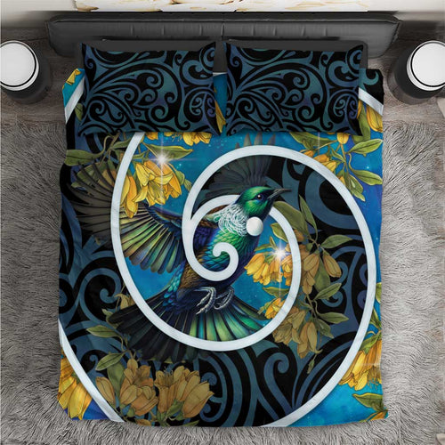 New Zealand Tui Bird Bedding Set Maori Koru With Kowhai Flowers