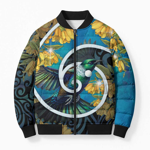 New Zealand Tui Bird Bomber Puffer Jacket Maori Koru With Kowhai Flowers