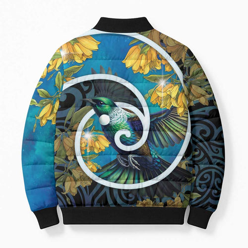 New Zealand Tui Bird Bomber Puffer Jacket Maori Koru With Kowhai Flowers