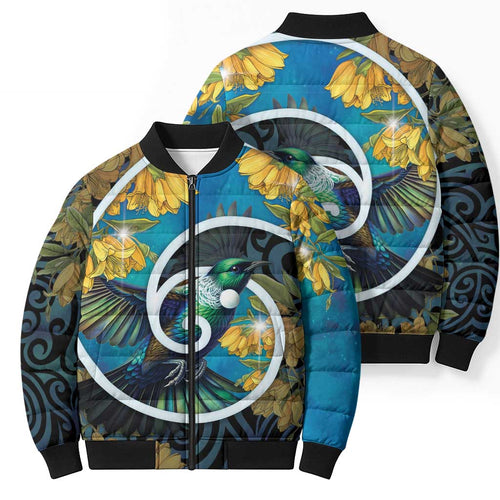 New Zealand Tui Bird Bomber Puffer Jacket Maori Koru With Kowhai Flowers