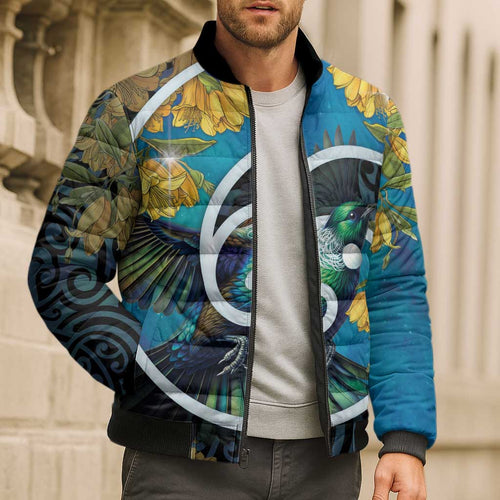 New Zealand Tui Bird Bomber Puffer Jacket Maori Koru With Kowhai Flowers