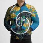 New Zealand Tui Bird Bomber Puffer Jacket Maori Koru With Kowhai Flowers