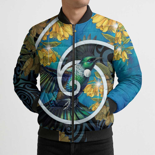 New Zealand Tui Bird Bomber Puffer Jacket Maori Koru With Kowhai Flowers